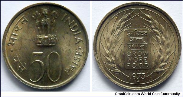 50 paise.
1973, F.A.O.
(Mintmark Bombay)