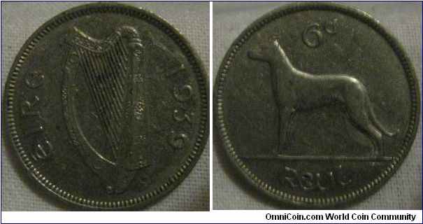 876,000 minted in this year, 1939 6D from ireland, dark picture but details show mid grade