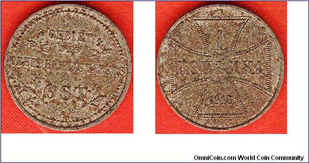German Empire
1 kopek
Gebiet des Oberbefehlhabers Ost
Occupation money for use in the Baltic States, Poland and Northwest-Russia
Hamburg Mint
iron, quite rusty