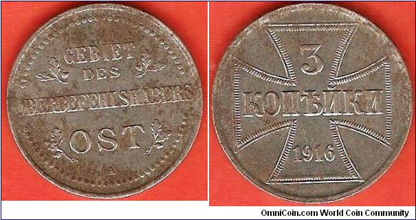 German Empire
3 kopeks
Gebiet des Oberbefehlhabers Ost
Occupation money for use in the Baltic States, Poland and Northwest-Russia
Berlin Mint
iron