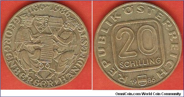 20 schilling
800th anniversary Georgenberger Treaty 1186-1986
copper-aluminum-nickel