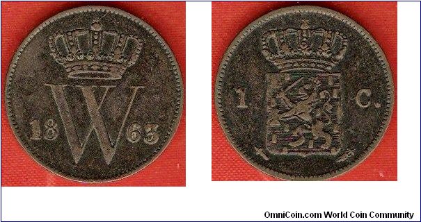 1 cent
crowned monogram of Willem III of Orange-Nassau
Utrecht Mint
copper