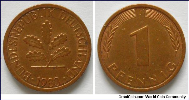 1 pfennig.
1983.
Mintmark 'J'
(Hamburg)