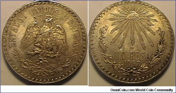 One Peso, .720 silver, .3856 oz ASW, Mexico City mint