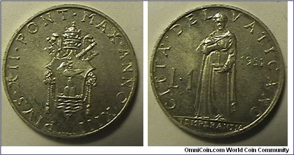 Pius XII, year 13, 1 Lir, Aluminum