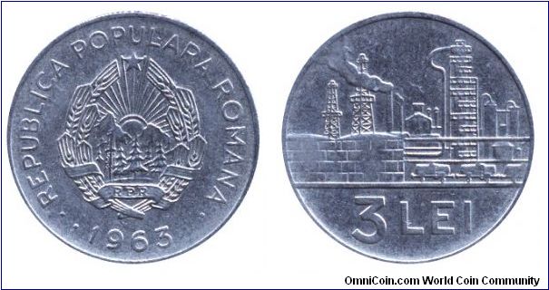 Romania, 3 lei, 1963, Ni-Steel, Oil refinery, People's Republic of Romania.                                                                                                                                                                                                                                                                                                                                                                                                                                         