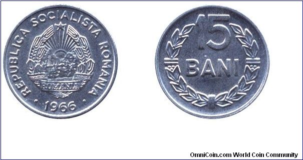 Romania, 15 bani, 1966, Ni-Steel, Socialist Republic of Romania.                                                                                                                                                                                                                                                                                                                                                                                                                                                    