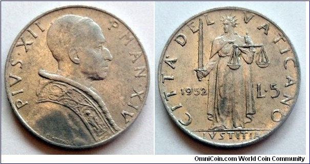 5 lire.
1952, Pontif. Pius XII