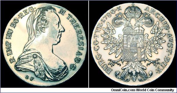Austria - Maria Theresia Thaler -1780 Restrike -Silvercoin Ag 0,833 - Ag 0,7517 Troy Ounce - Weight 28,06 gr -Size 41 mm - Reference KM# T1