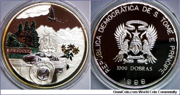 St.Thomas Prince. 1998 Heldi 1000 Dorbras Colour Silver Coin. 92.5% silver. PROOF.