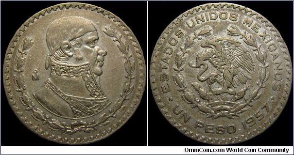 Mexico - 1 Peso -1957 - Weight 15,9 gr - Ag 0,100 - Ag 0,0511 Troy Ounce -  Size 34,5 mm - Mintage 28 273 000 -  Engraver / Mo - President /  Adolfo Ruiz Cortines - Reference KM# 459 (1957-67)