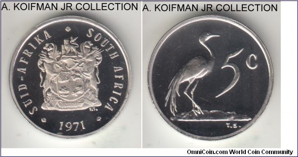 KM-84, 1971 South Africa (Republic) 5 cents; proof, nickel, plain edge; mintage 12,000, brilliant deep cameo proof in annual mint proof set of issue.