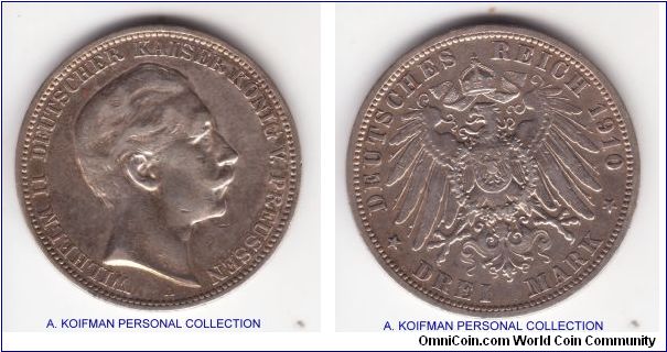 KM-527, 1910 German Prussia 3 marks; silver, lettered edge, medal rotation; a very fine or so coin by calculation, Kaiser's hair is the first to be worn