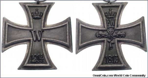 Germany Iron Cross, second class, 1914, authorized by Emperor Wilhelm II on 5th Aug 1914, at the start of the World War I. The reverse have the year '1813' appearing on the lower arm, symbolizing the year the award was created. The 1813 decoration also has the initials 'FW' for King Frederick William III.