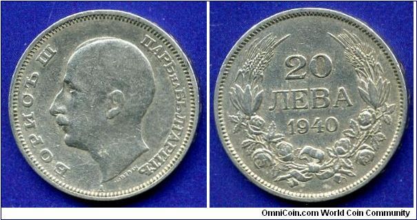 20 Leva.
Kingdom of Bulgaria.
Tsar Boris III (1918-1943).
'A'- Berlin mint, Germany.
Mintage 6,650,000 units.


Cu-Ni.