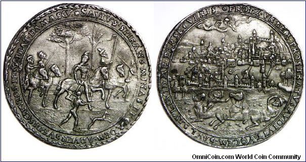 Switzerland, Swiss Canton - Zürich, Lead medal n.d. (1555/1565), on the conversion of the Saulus, in silver of that so-called \'Reisetaler\'. Saulus to horse with 2 companions to horse and 2 spear carriers on foot / city view of Zurich, before that the Saul fallen by the horse and be companion to horse. Ref.: Schweizer Medaillen 398, 43 mm, 9.23g. Rare.