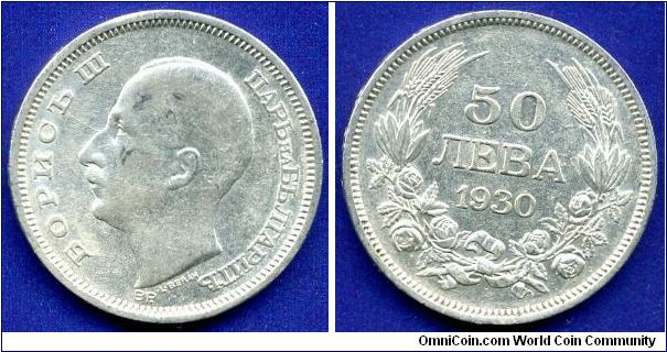 50 Leva.
Kingdom of Bulgaria.
Tsar Boris III (1918-1943).
'BP' - Budapesht mint, Hungary.
Mintage 9,028,000 units.


Ag500f. 10,0gr.