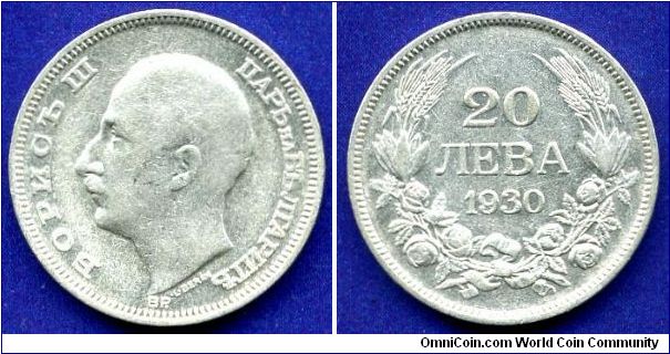 20 Leva.
Kingdom of Bulgaria.
Tsar Boris III (1918-1943).
'BP'- Budapesht mint, Hungary.
Mintage 10,016,000 units.


Ag500f. 4,0gr.