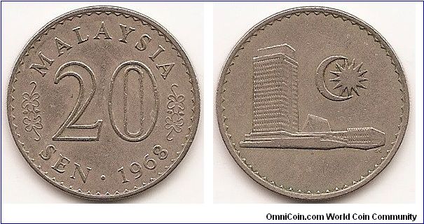 20 Sen
KM#4
Copper-Nickel, 23.4 mm. Obv: Value Rev: Parliament house Note: Varieties exist.