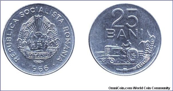 Romania, 25 bani, 1966, Ni-Steel, Tractor, Socialist Republic of Romania.                                                                                                                                                                                                                                                                                                                                                                                                                                           
