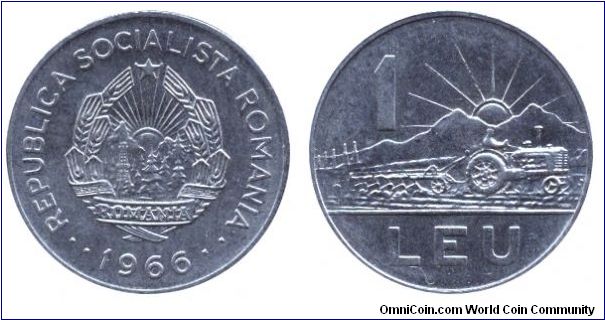 Romania, 1 leu, 1966, Ni-Steel, Tractor on the Field, Socialist Republic of Romania.                                                                                                                                                                                                                                                                                                                                                                                                                                