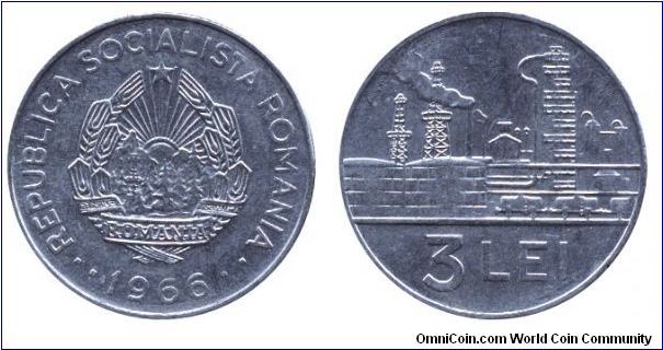 Romania, 3 lei, 1966, Ni-Steel, Oil Refinery, Socialist Republic of Romania.                                                                                                                                                                                                                                                                                                                                                                                                                                        