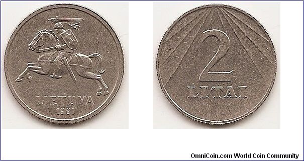 2 Litai
KM#92
Copper-Nickel Obv: National arms Rev: Value within design