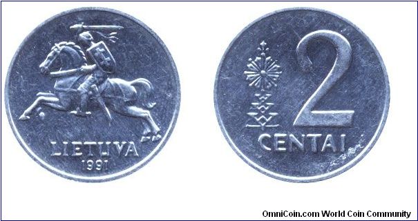 Lithuania, 2 centai, 1991, Al.                                                                                                                                                                                                                                                                                                                                                                                                                                                                                      