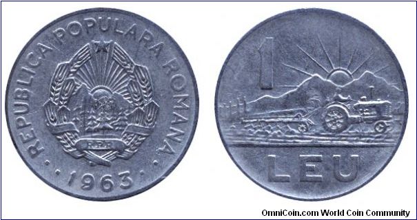 Romania, 1 leu, 1963, Ni-Steel, Tractor on the Field, People's Republic of Romania.                                                                                                                                                                                                                                                                                                                                                                                                                                 