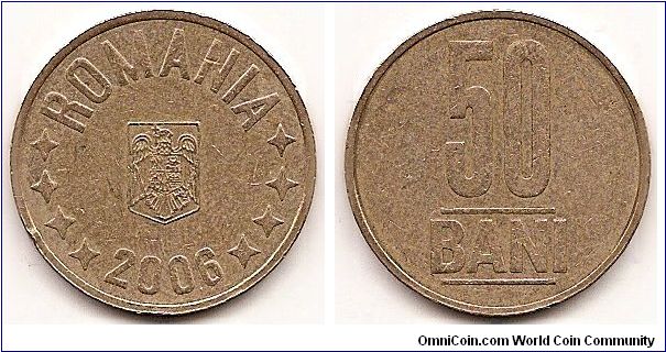 50 Bani
KM#192
6.10 g., Nickel-Brass, 23.75 mm. Subject: Monetary Reform of 2005 Obv: National arms Àanked by stars Obv. Legend: ROMANIA Rev: Value Edge: Lettered Edge Lettering: ROMANIA twice