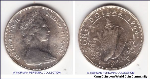 KM-8, 1966 Bahamas dollar; silver, reeded edge; average uncirculated but with the bag and some minor handling marks.