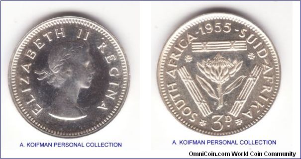 KM-47, 1955 South Africa 3 pence proof; mintage 2,850 in proof that year; silver, plain edge; reflective high mirror as typical of Pretoria mint proof coinage but imperfect.