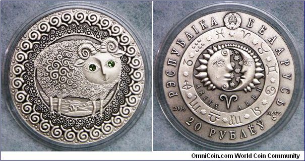 Belarus, 2009 Aries Enchase Green Crystals, 20 Roubles. Silver. PROOF.