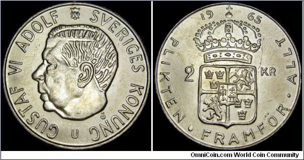 Sweden - 2 Kronor - 1965 - Silvercoin Ag 0,400 - Ag 0,1800 Troy Ounce - Weight 14 gr - Size 31 mm - Regent /Gustav VI Adolf (1950-73) - Minted in Stockholm / Sweden - Engraver / Léo Holmgren - Mintage 1 189 500 - Edge : Reeded - Reference KM# 827 (1952-66) 