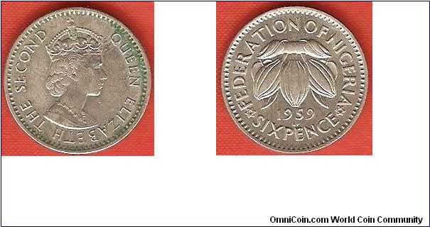Federation of Nigeria
6 pence
cocoa beans
Elizabeth II
copper-nickel