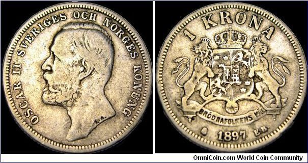 Sweden - 1 Krona - 1897 - Weight 7,5 gr - Silvercoin Ag 0,800 - Ag 0,1929 Troy ounce - Size 25 mm - Regent / Oscar II - Engraver / Lea Fredrika Ahlborn -  Mintage 735 391 - Minted in Stockholm / Sweden