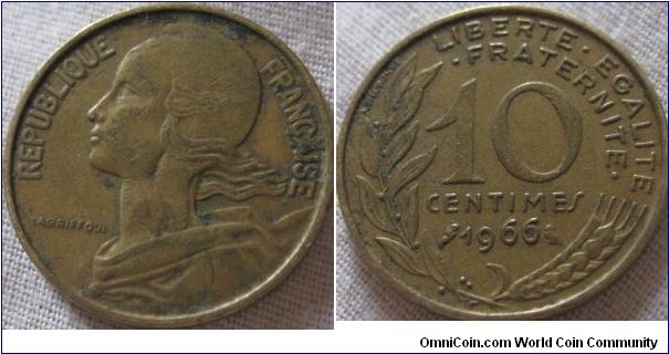 10 centimes 1966 VF condition, no lustre and showing signs of wear