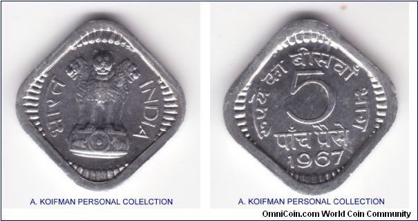 KM-18.2, 1967 Republic of India 5 paise; could not find a mint mark which probably mean Calcutta; aluminum, plain edge; uncirculated, but as frequenctly with early aluminum not a very sharp strike.