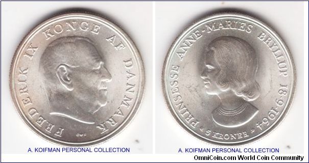 KM-854, 1964 Denmark 5 kronen; silver, reeded edge; this uncirculated coin celebrates wedding of princess Anne Marie