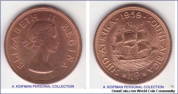 KM-46, 1959 South Africa penny; plain edge, bronze; red brown uncirculated, reverse is bright red