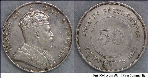 British colony Straits Settlements Edward VII 1902 50 Cents. Some scratch on reverse but not repaired, and small edge nick on rev. 11:30 o'clock but still collectable. Lightly polished (Probably). Good very fine and scarce.