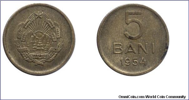 Romania, 5 bani, 1954, Al-Bronze, Star at top of Arms.                                                                                                                                                                                                                                                                                                                                                                                                                                                              