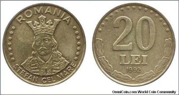 Romania, 20 lei, 1992, Brass-Steel, Stefan Cel Mare.                                                                                                                                                                                                                                                                                                                                                                                                                                                                