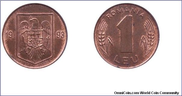 Romania, 1 leu, 1993, Bronze-Steel.                                                                                                                                                                                                                                                                                                                                                                                                                                                                                 
