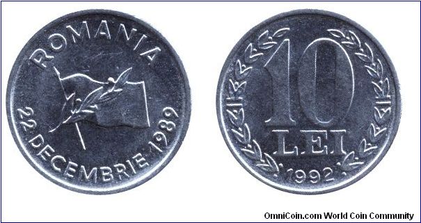 Romania, 10 lei, 1992, Ni-Steel, 22 decembrie 1989, Anniversary of Revolution.                                                                                                                                                                                                                                                                                                                                                                                                                                      