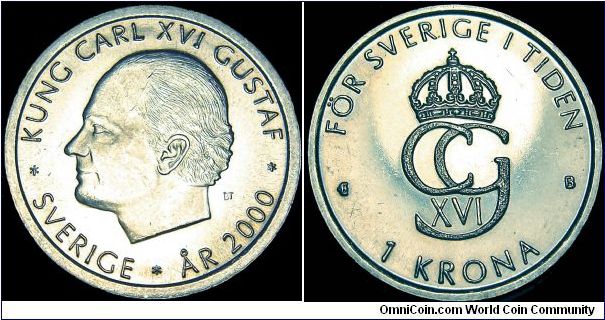 Sweden - 1 Krona Millenium Typ II - 2000 - Weight 7,0 gr - Copper / Nickel - Size 25 mm - Regent / Carl XVI Gustaf (1973-) - Mintage 2 978 113 - Designer / Bo Thorén - Minted in Eskilstuna / Sweden - Edge : Reeded - Reference KM# 897 (2000)