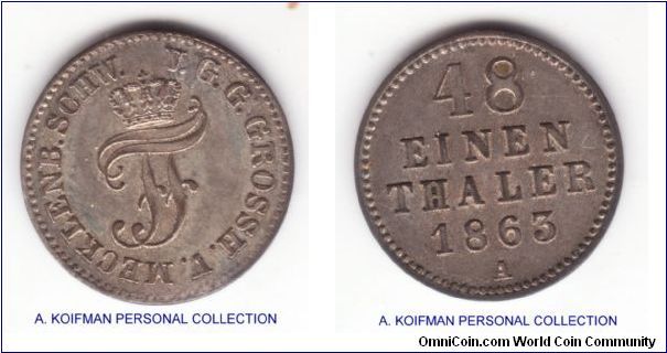 KM-311,1863 Mechlenburg-Schewerin 1/48'th of a thaler; plain edge, silver (billon); toning gives it a bit better look, probably extra fine to slightly higher.