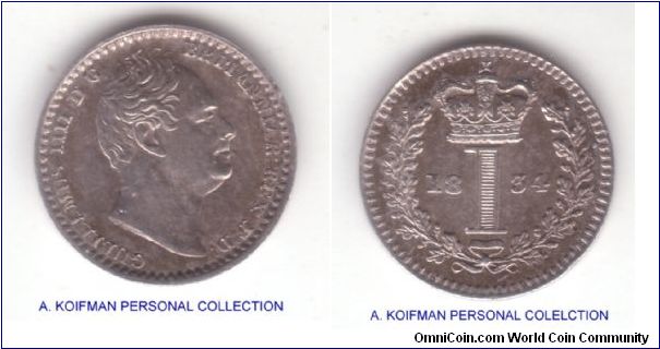 KM-708, 1834 Great Britain William IV maundy penny; plain edge, silver; nice proof like specimen.