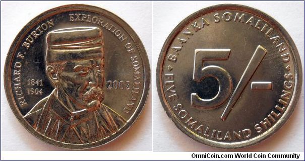 5 shillings.
2002, Republic of Somaliland.
Richard F. Burton (1841-1904) Exploration of Somaliland