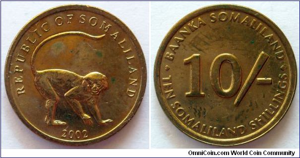 10 shillings.
2002, Republic of Somaliland. Velvet Monkey